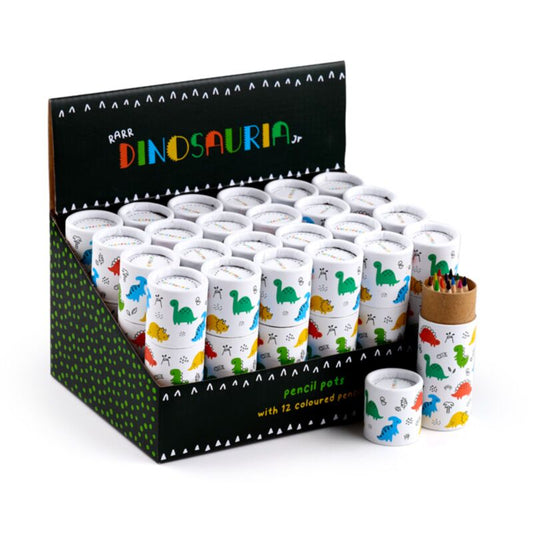 dinosaur pencil pot containing twelve assorted colouring pencils in retail packaging