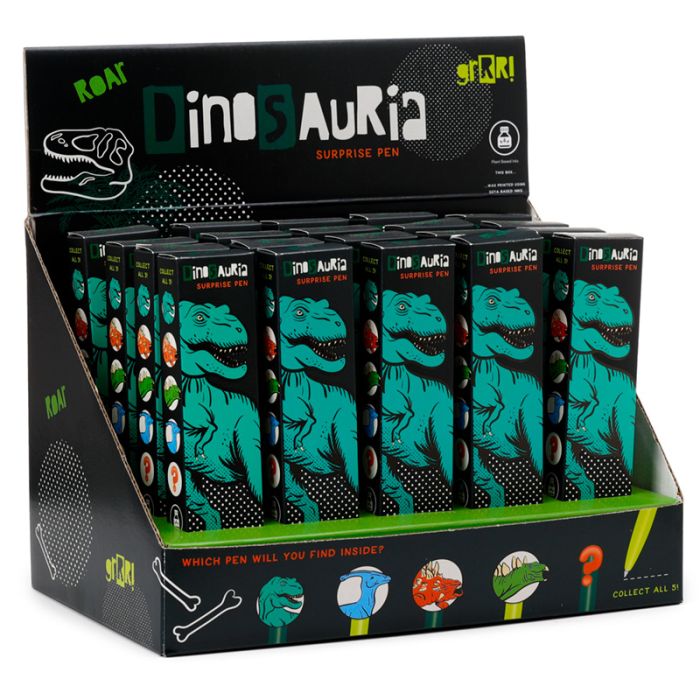 Dinosaur surprise pens displayed in a retail counter display box, novelty dinosaur stationery assortment