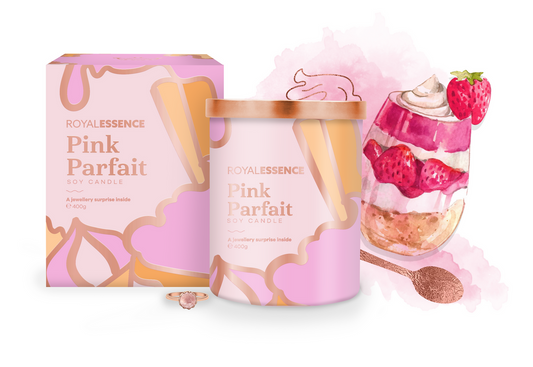 sealed royal essence pink parfait rose gold candle with rose gold metallic lid