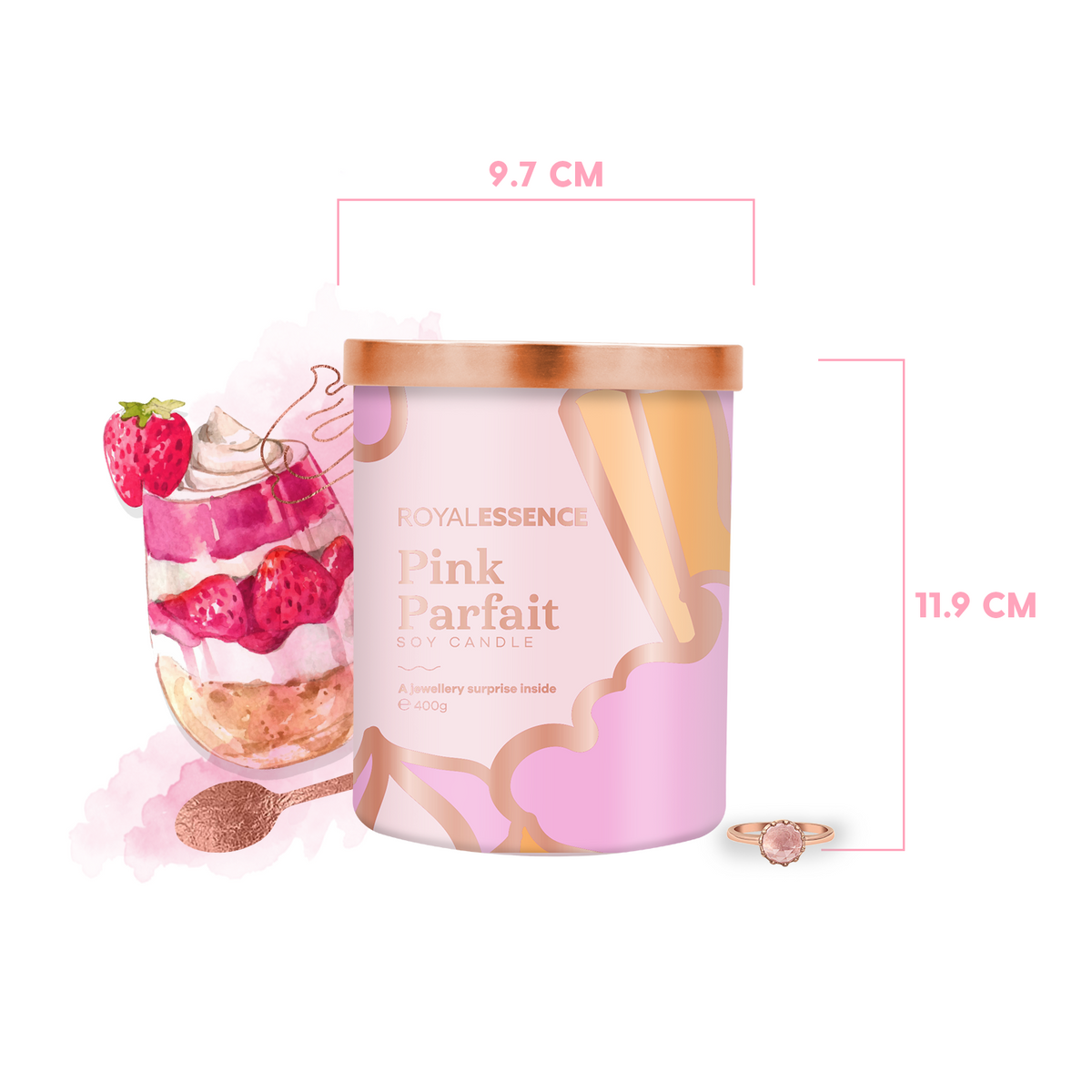 royal essence pink parfait candle in sealed packaging with rose gold lid and design with  parfait food sketch
