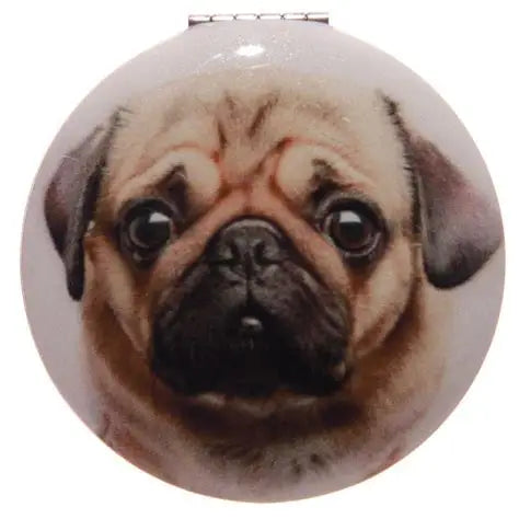 pug dog compact mirror with paw print detail showing clamshell design and magnifying mirror