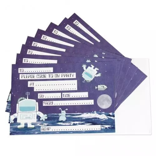 set of 8 space-themed party invitations featuring a playful spaceman design, printed on glossy card with matching envelopes, perfect for children’s parties