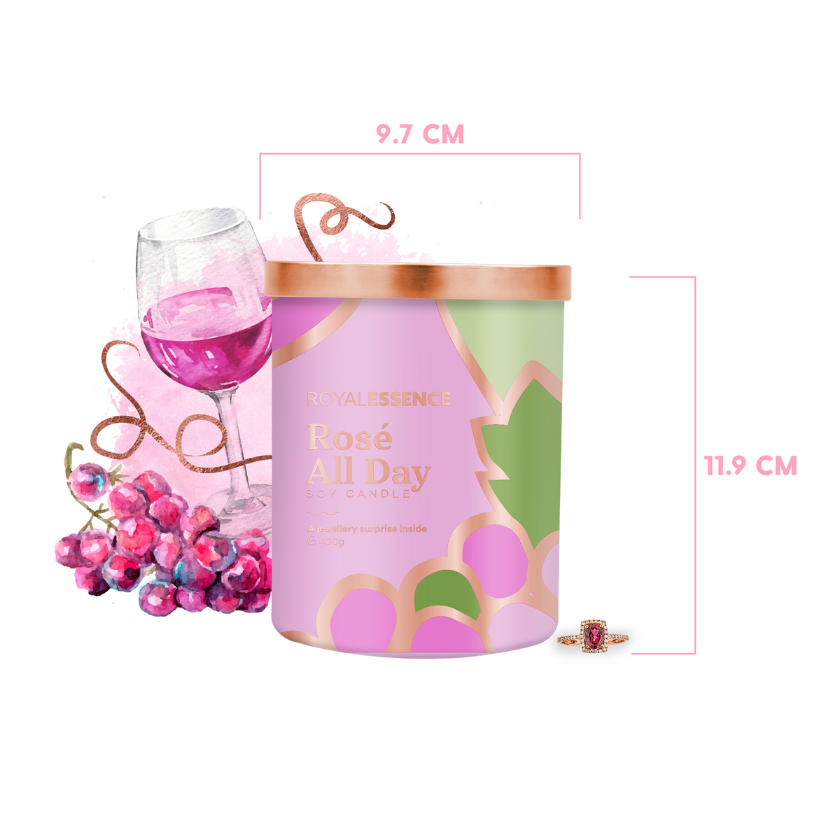 front view of royal essence rose all day rose gold candle with rose gold lid and design