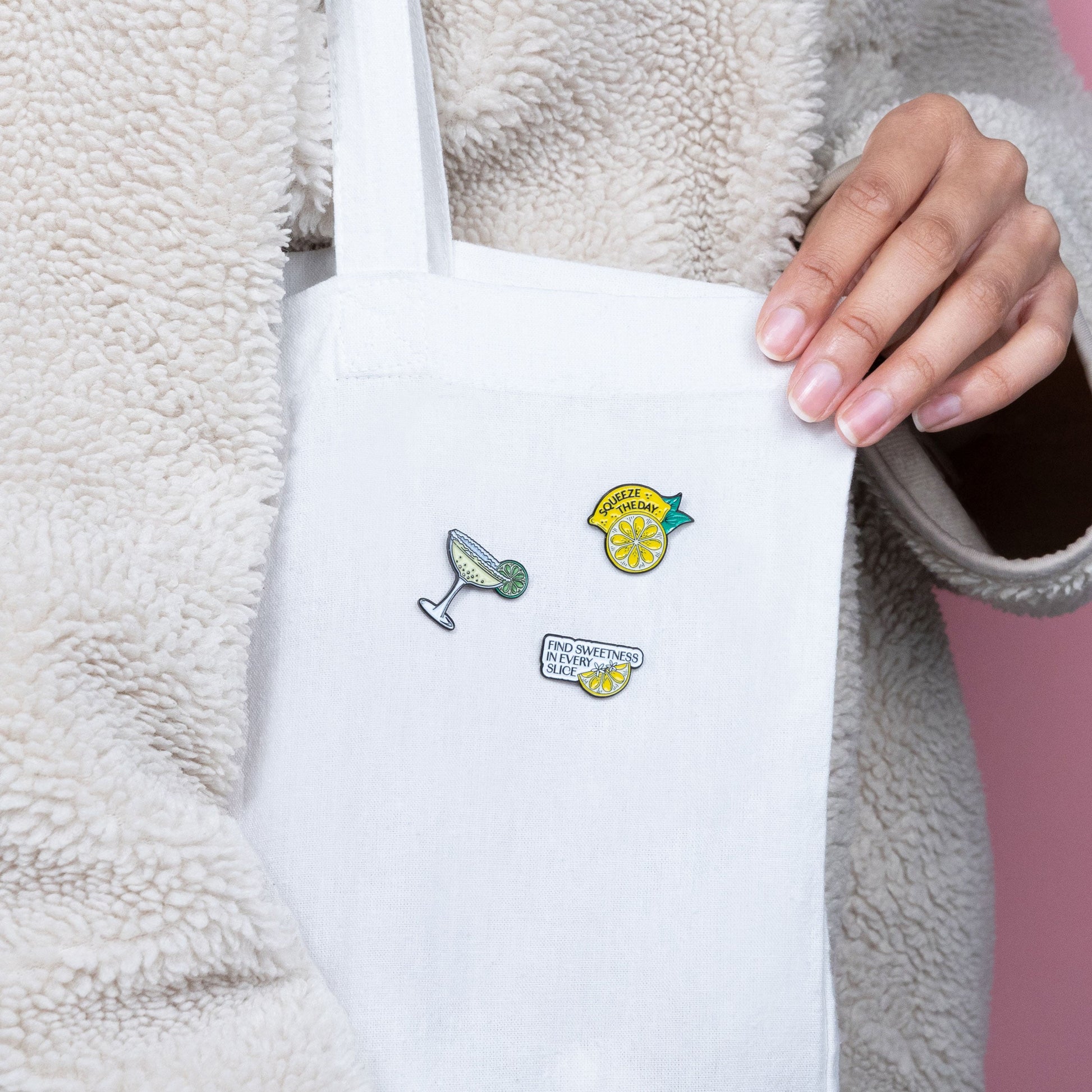 exclusive pin collection enamel pins displayed on tote bag as decorative keepsakes