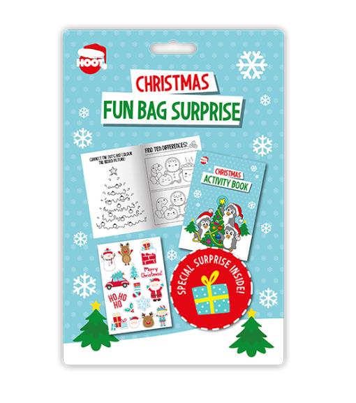 christmas fun bag surprise, activity book with colouring pages, dot-to-dots, stickers, colouring pencils, and surprise gift, perfect for stocking fillers or travel