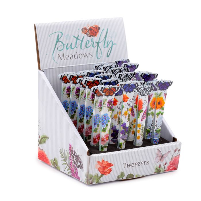 retail display of butterfly meadows design tweezers with pointed and slanted tips