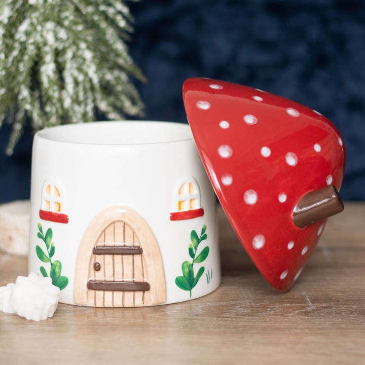 mushroom house oil burner with lid removed angled view showing scent bowl