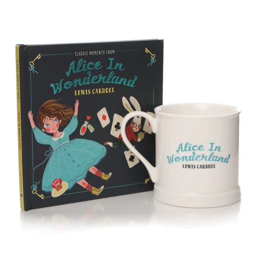 alice in wonderland gift set book and mug presented together, showing a vintage-style mug with “it’s always tea-time” text alongside a decorative alice in wonderland book with an illustrated cover and foiled details, styled as a coordinated gift set