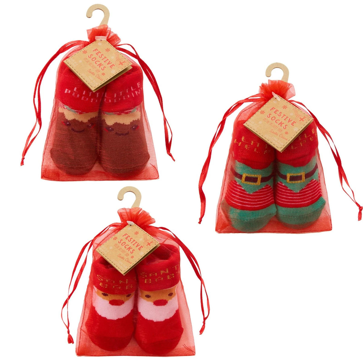 christmas baby socks in organza bag, pair of soft cotton-rich socks with santa, elf, and christmas pudding designs, perfect gift for infants aged 0-12 months