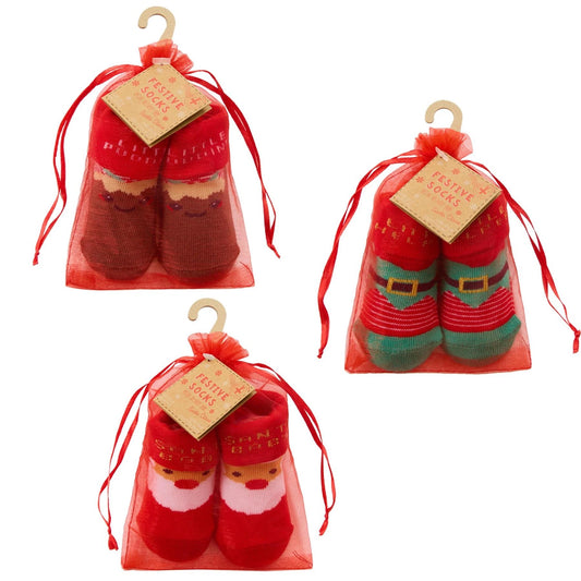 christmas baby socks in organza bag, pair of soft cotton-rich socks with santa, elf, and christmas pudding designs, perfect gift for infants aged 0-12 months
