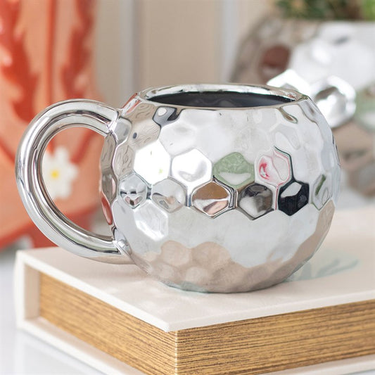 silver ceramic disco ball mug with reflective retro design and 400ml capacity