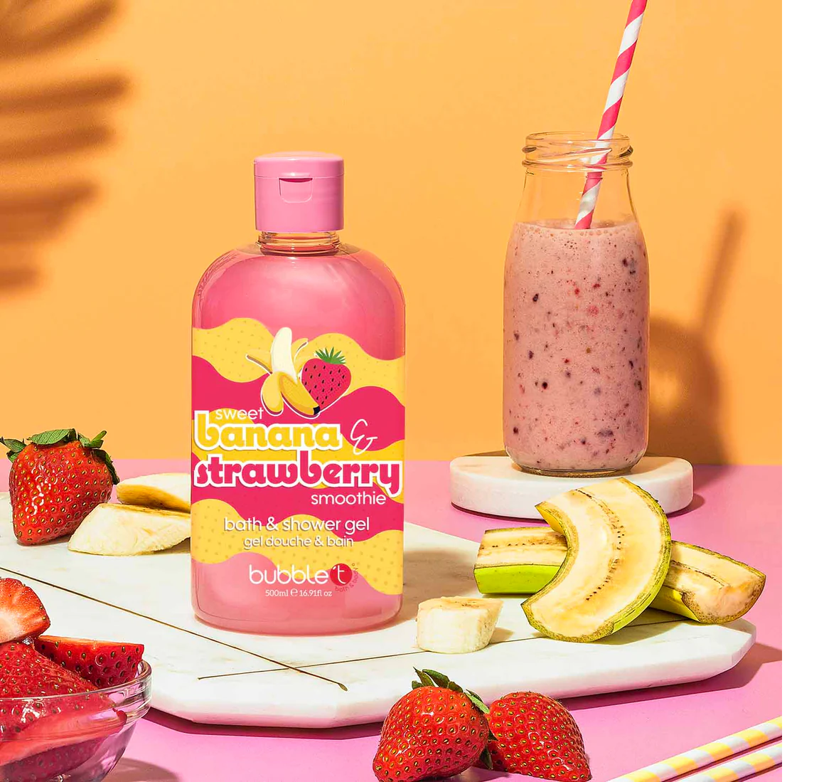 bubble t banana and strawberry smoothie body wash bottle with fruit-inspired design for daily cleansing