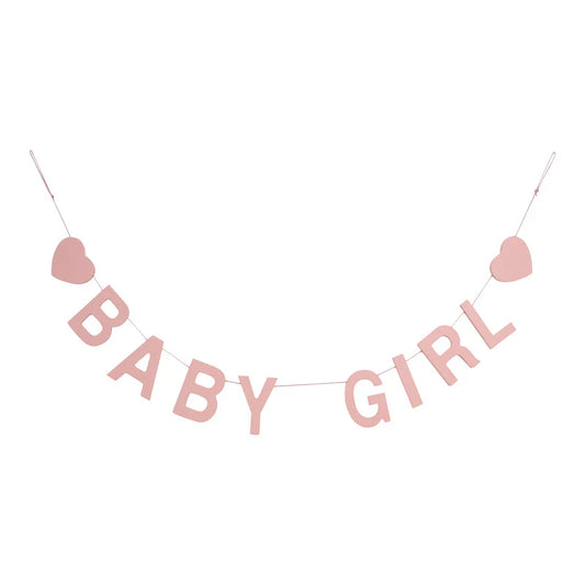 baby girl wooden garland with hanging wooden letters and heart shapes used as nursery or baby shower decoration