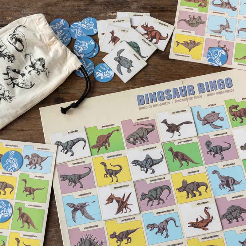 dinosaur bingo game set with illustrated bingo cards, dinosaur tokens and game board laid out for family play