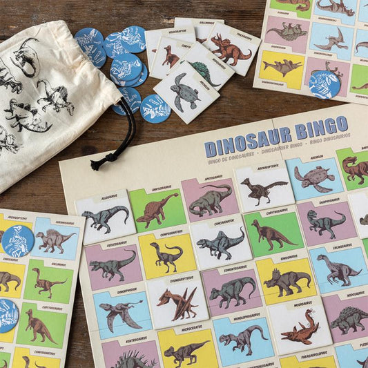 dinosaur bingo game set with illustrated bingo cards, dinosaur tokens and game board laid out for family play