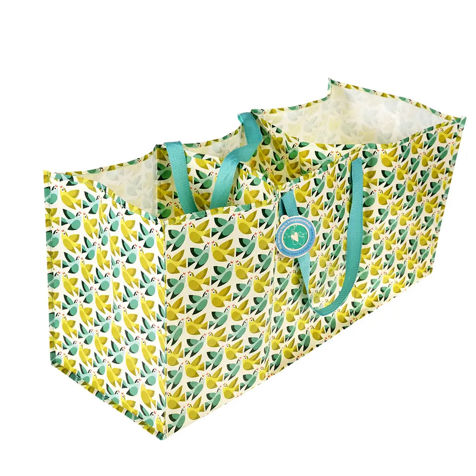 front view of ultimate recycling bag in birds design with three compartments for sorting