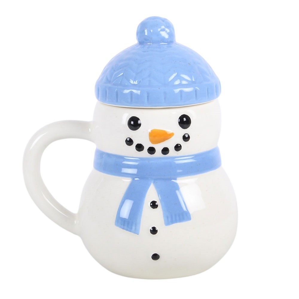 blue ceramic christmas snowman mug with jolly snowman face and bobble hat lid