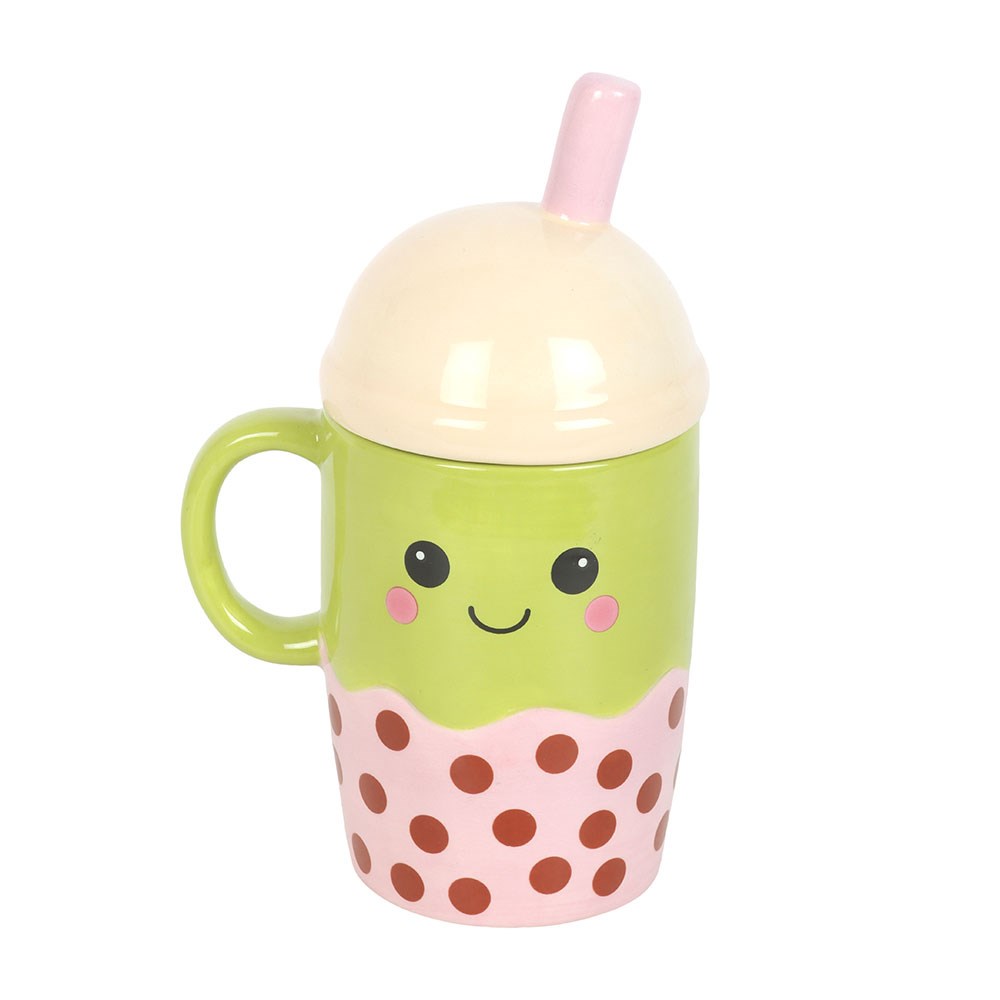 ceramic kawaii bubble tea mug featuring smiling face and pastel pink straw