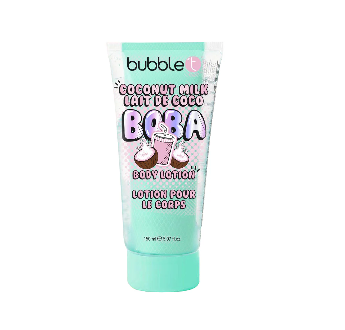 bubble t coconut milk boba body lotion  shown as a tropical inspired moisturising body care product for everyday use