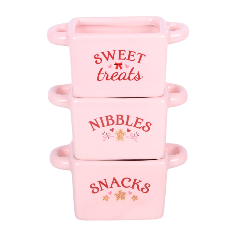 three sugarplum bakery ceramic snack bowls stacked vertically