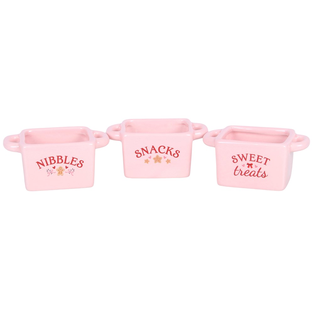 three sugarplum bakery ceramic snack bowls arranged side by side
