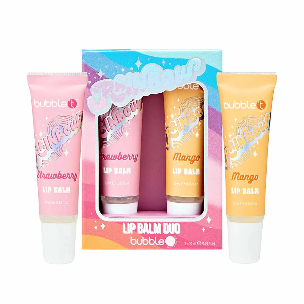 rainbow lip balm duo strawberry & mango, 10ml balms, nourishing lip care with strawberry and mango scents, smooth application, vegan-friendly and cruelty-free