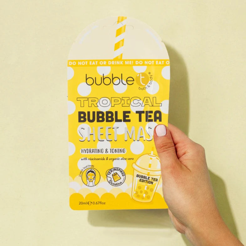 bubble t tropical hydrating sheet mask, aloe vera and niacinamide, hydrates and soothes skin, tropical fragrance