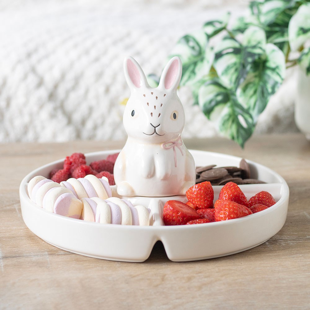 white ceramic Easter bunny chip and dip dish with divided snack sections
