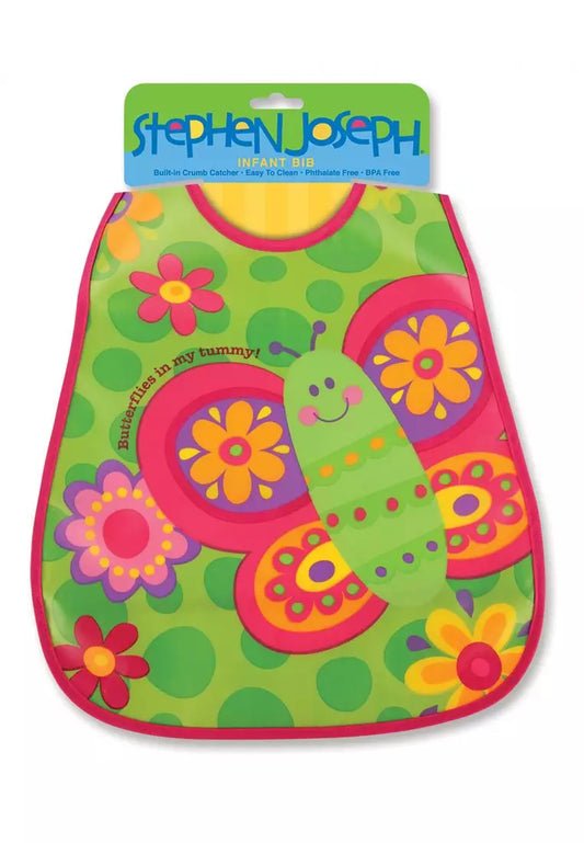 colorful butterfly-themed bib with flowers on a green background, featuring Stephen Joseph branding