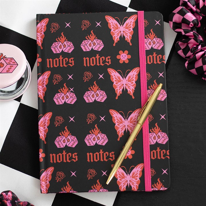 a5 notebook with hot pink and red Y2K butterflies dice and alternative icons