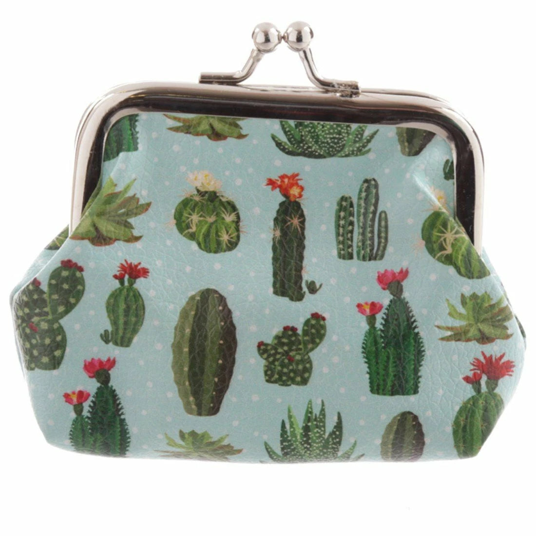 pale blue cactus tic tac coin purse with assorted colourful cactus designs