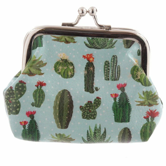 pale blue cactus tic tac coin purse with assorted colourful cactus designs