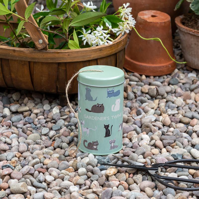 cat design garden twine in a tin, 100m twine roll included, playful cat illustration, ideal for gardening or DIY projects