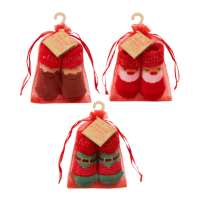 christmas baby socks in organza bag, pair of soft cotton-rich socks with santa, elf, and christmas pudding designs, perfect gift for infants aged 0-12 months