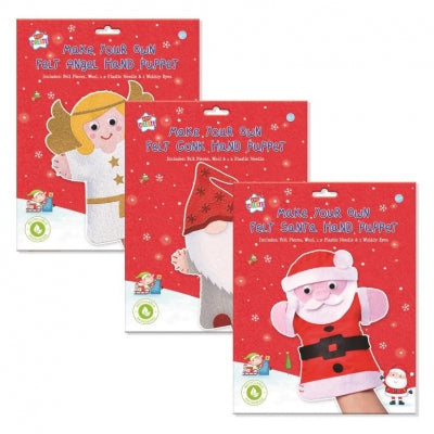 christmas make your own hand puppet kit, choose from angel, santa claus, or gnome designs, complete with materials for assembly and decoration, fun DIY craft activity for all ages
