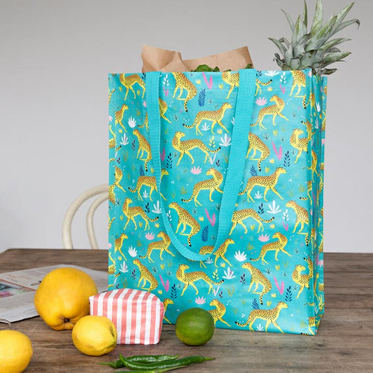 reusable shopping bag with cheetah design made from recycled materials with nylon handles and easy storage