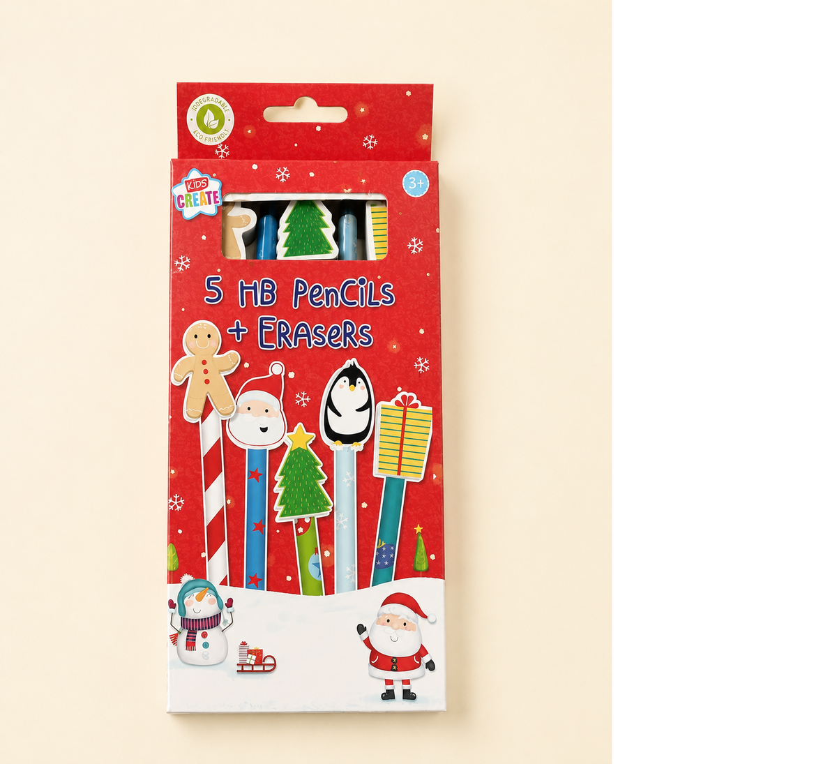 pack of five christmas hb pencils with festive character eraser toppers