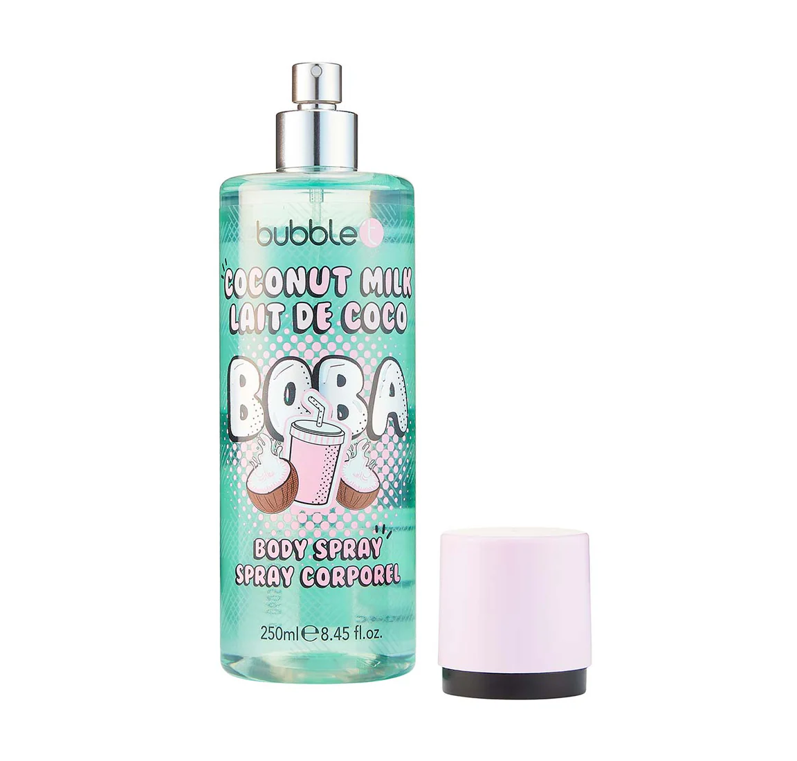 bubble t coconut boba body spray bottle shown as a tropical inspired everyday fragrance for body use