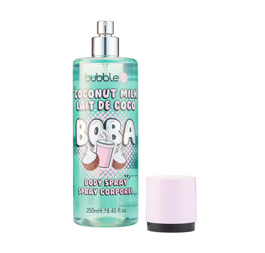 bubble t coconut boba body spray bottle shown as a tropical inspired everyday fragrance for body use