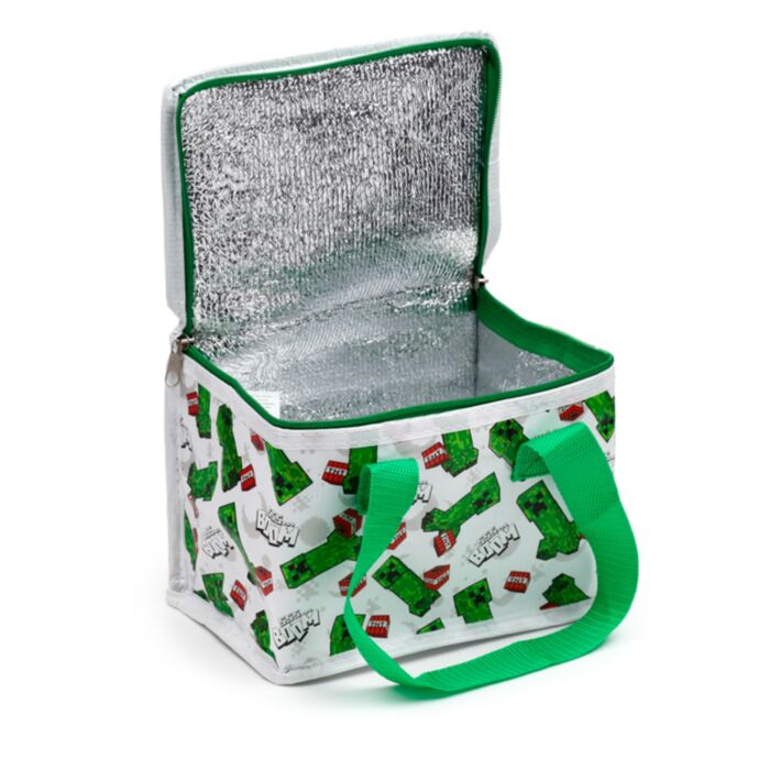 open minecraft rpet insulated lunch bag showing foil lined interior and zip closure