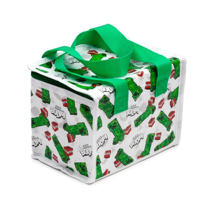 back view of minecraft rpet insulated lunch bag with carry handles