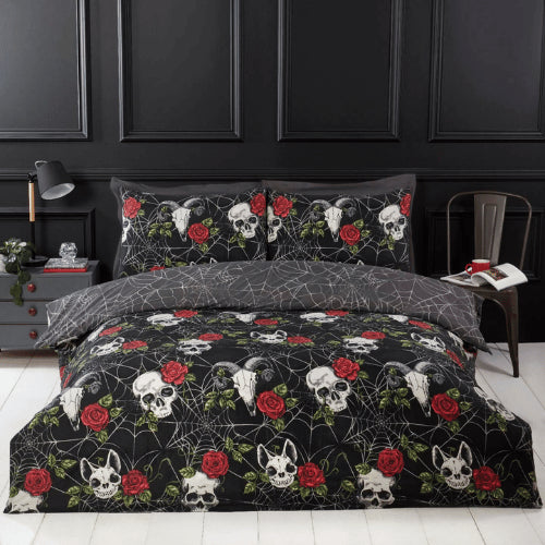 dark dreams skulls and roses reversible duvet set with mystical gothic design