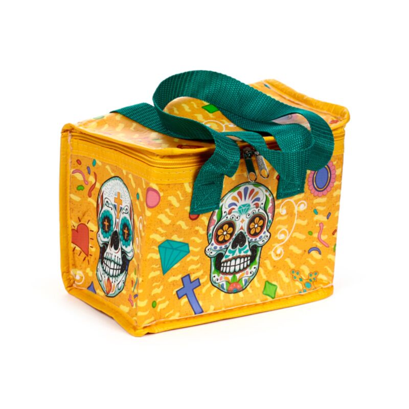 day of the dead rpet insulated cool lunch bag with colourful sugar skull design front view