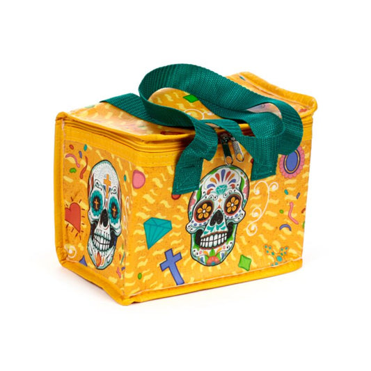 day of the dead rpet insulated cool lunch bag with colourful sugar skull design front view
