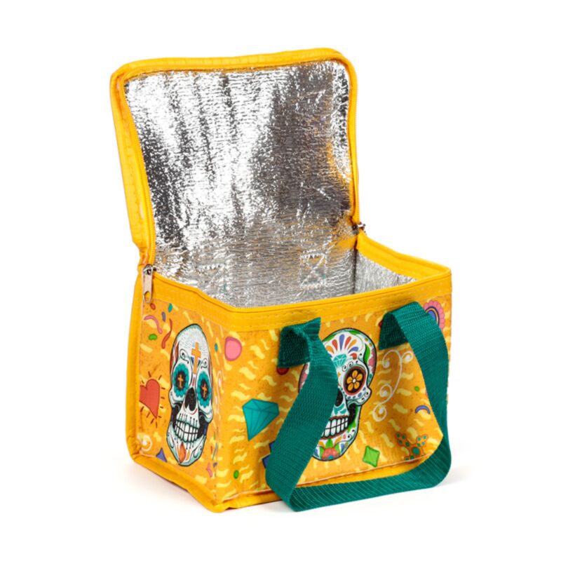 open day of the dead rpet insulated lunch bag showing foil lined interior and zip closure