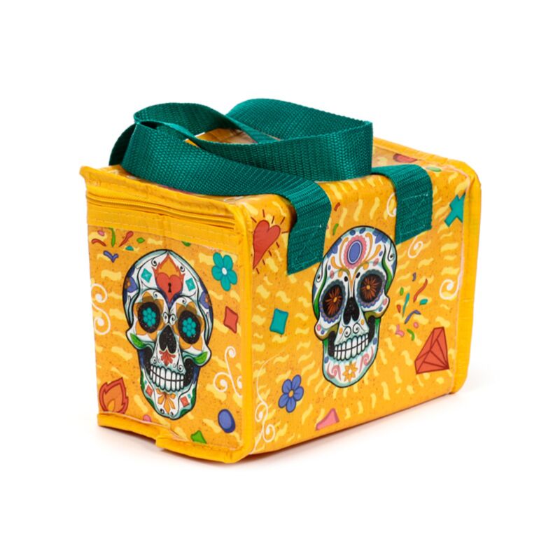 back view of day of the dead rpet insulated lunch bag with carry handles