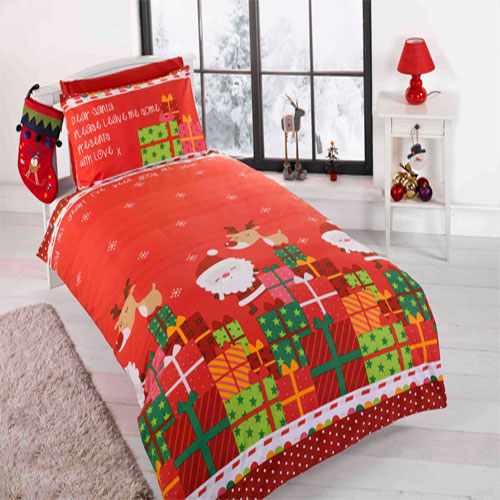 christmas dear santa children's single duvet set with santa rudolph and presents