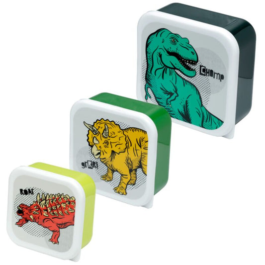 three dinosaur lunch boxes in medium large and extra large sizes