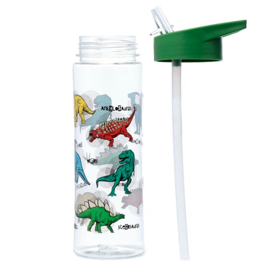 clear water bottle with dinosaur illustrations and a green lid on a white background