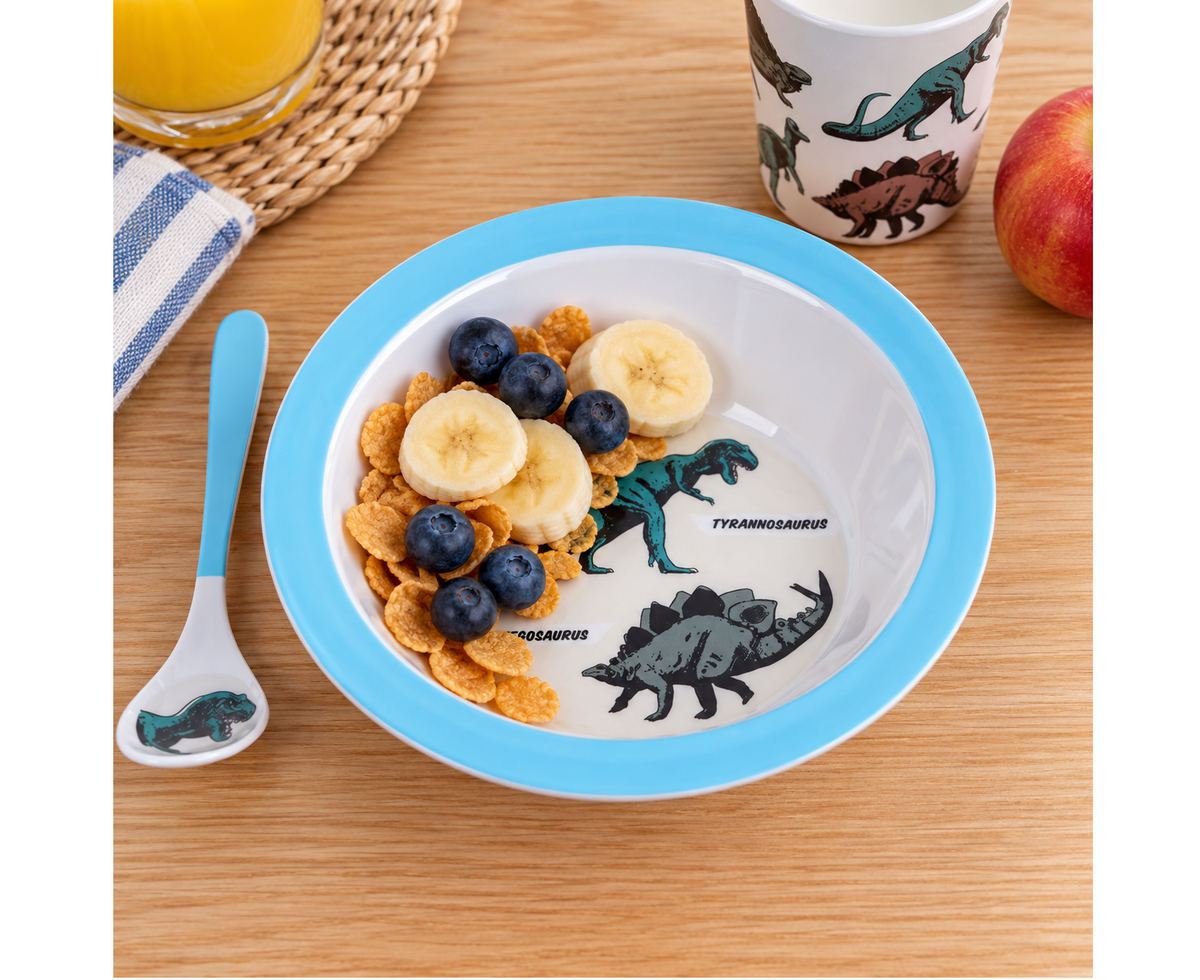 children’s dinosaur breakfast set with bowl, spoon and cup, colourful prehistoric design kids mealtime gift set